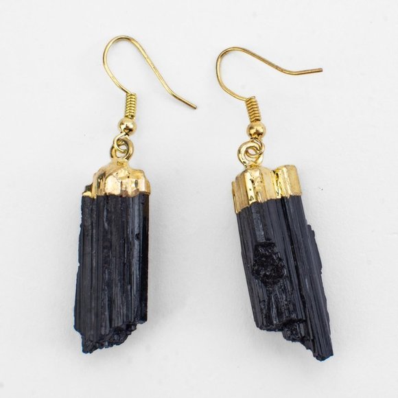 Raw Black Tourmaline Protection Earrings with Gold Trim – Grounding, Positivity - Picture 5 of 7